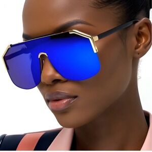 Sunglasses‎ Gold Trim Blue Mirror Lenses Women Style Female Party Shades Large